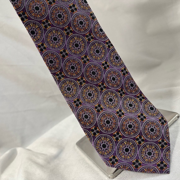 100% Pure Silk Purple Geometric Patterned Neck Tie One Size Piattelli Uomo - Picture 3 of 4